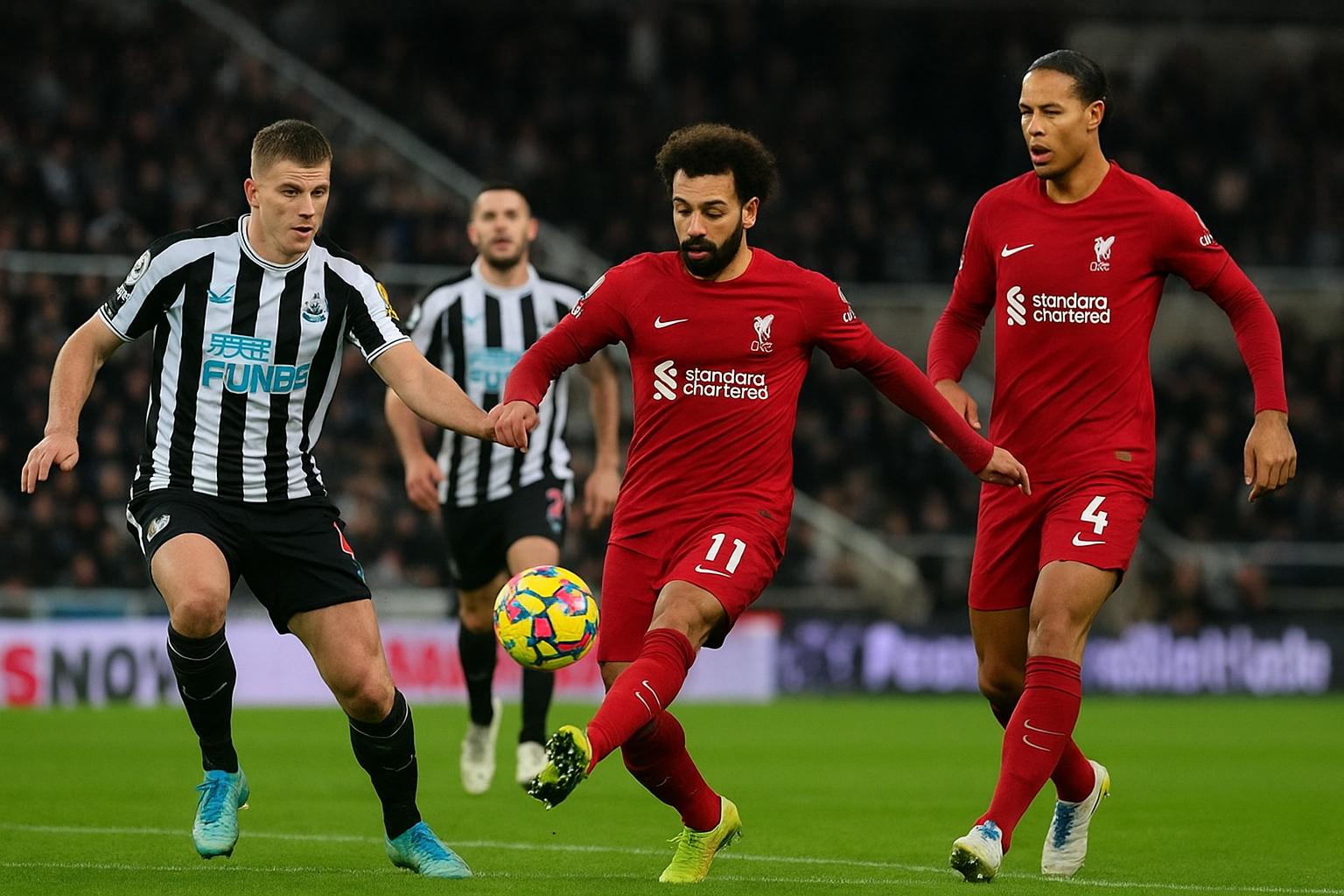 Mohamed Salah controls the ball under pressure from Newcastle United during Premier League match at St. James’ Park with Virgil van Dijk in support